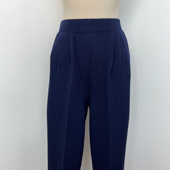 St. John Basics Santana Knit Pants Navy Blue Cropped Wide Leg Pleated | Size: 12 - Picture 2 of 8